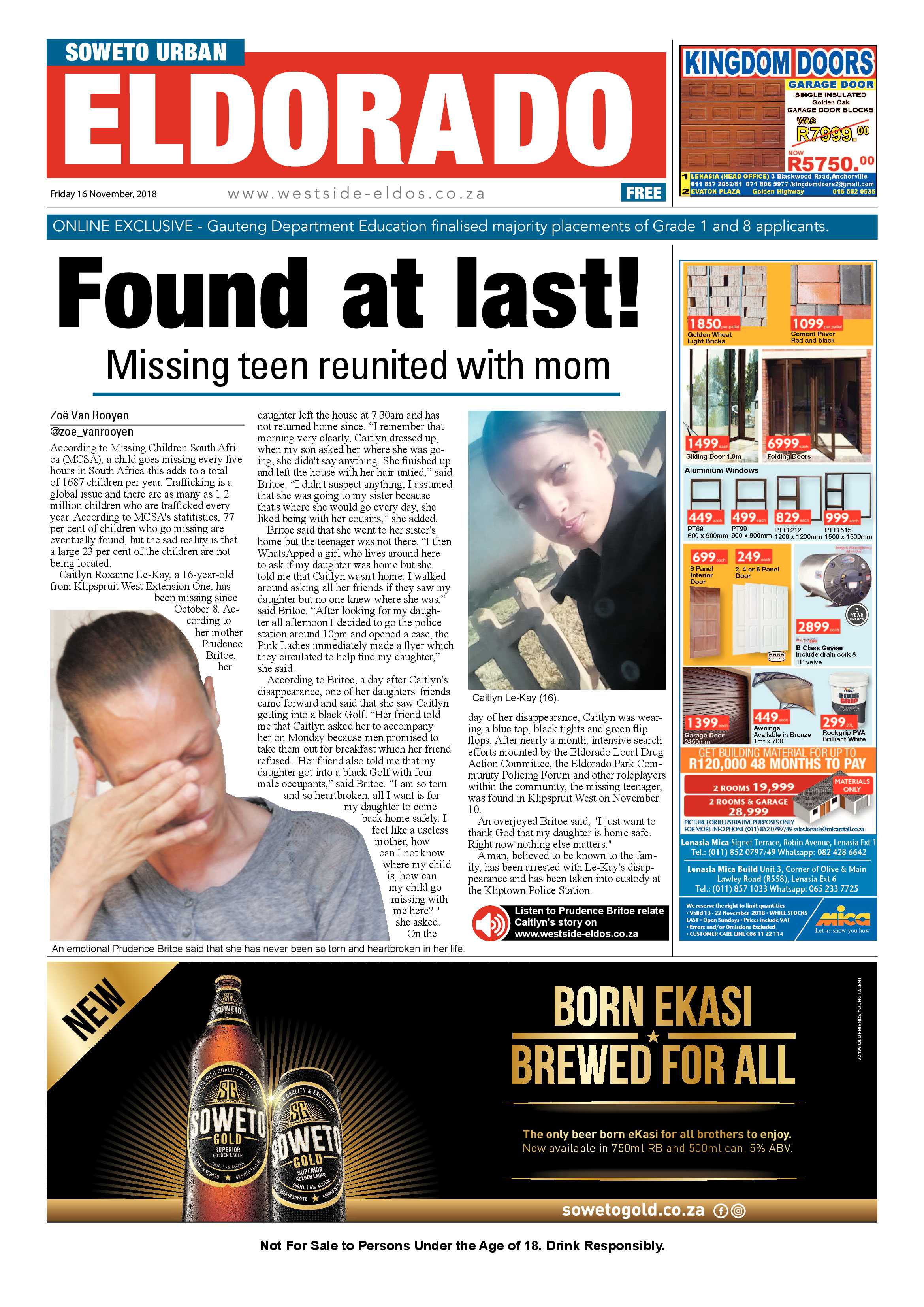 Eldorado Park – November 16, 2018 issue page 1