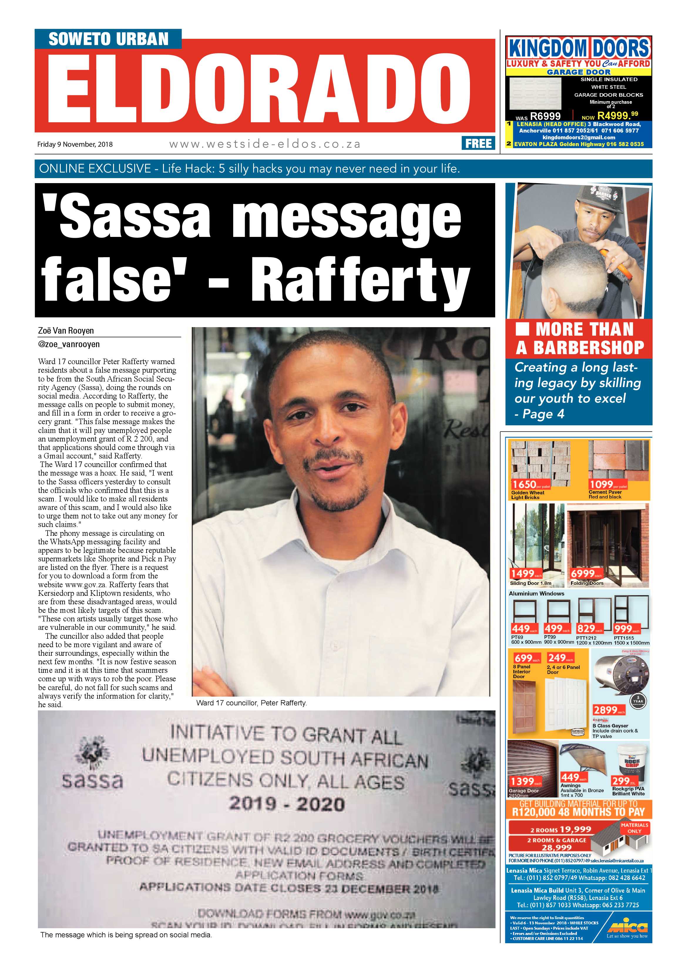 Eldorado Park – November 9, 2018 issue page 1