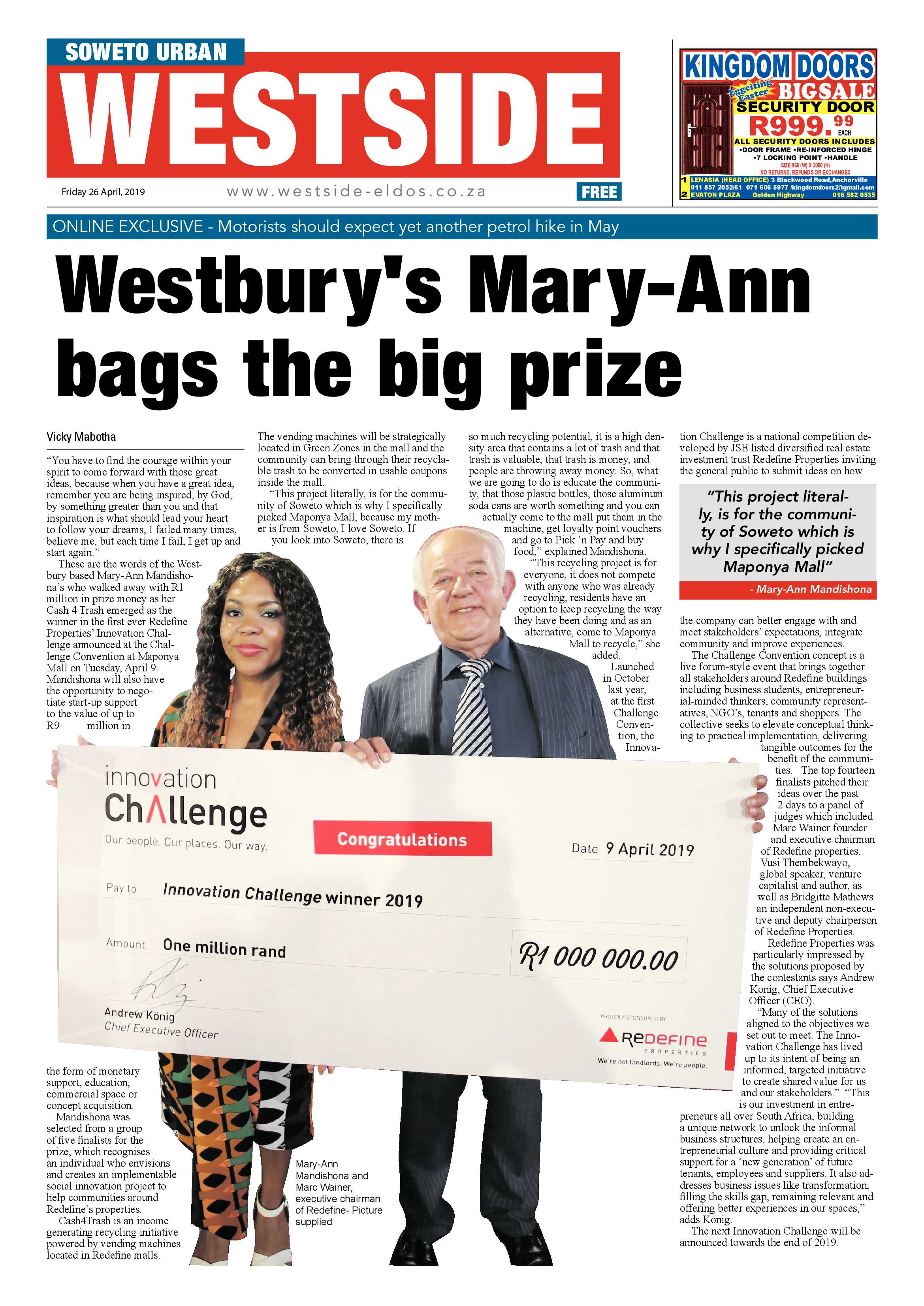 Westside News – April 26, 2019 page 1