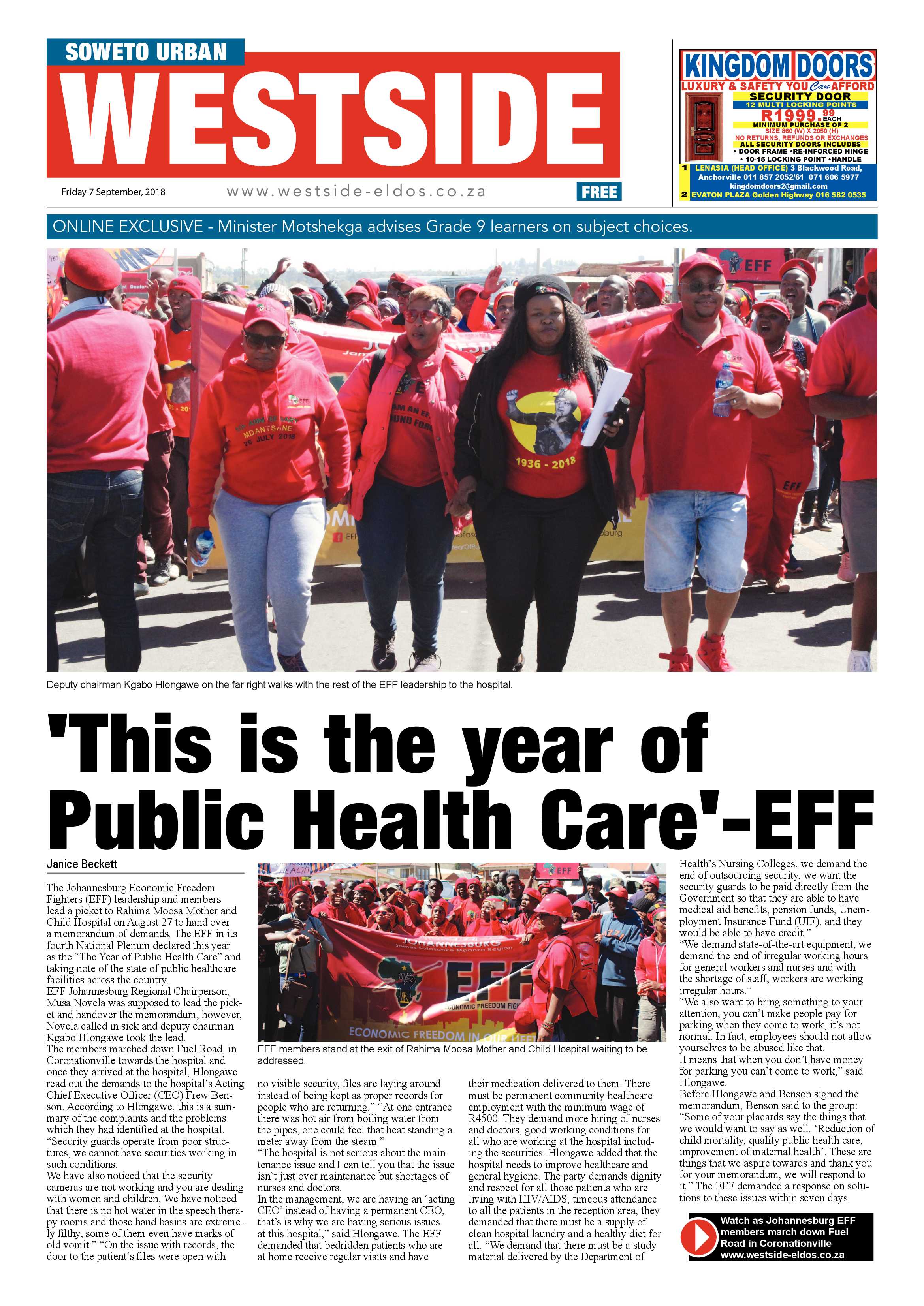 Westside – September 7, 2018 issue page 1
